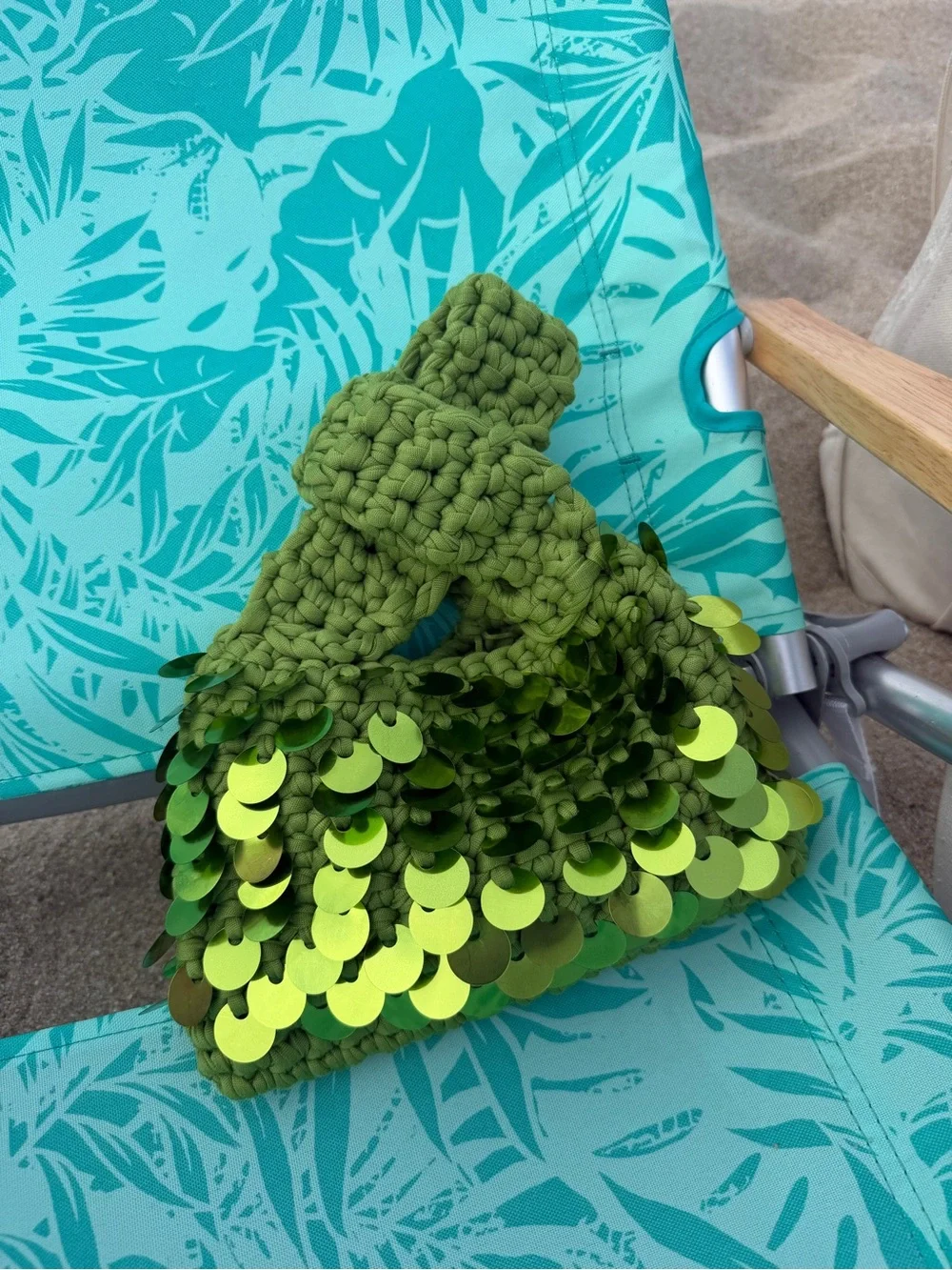 Handcrafted Lime Green Sequin Crochet Knot Bag